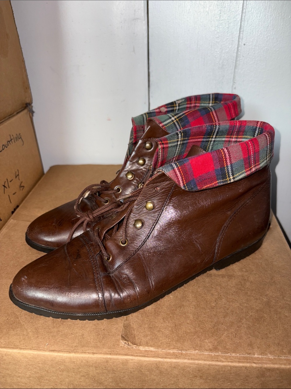 Women’s Brown Leather Ankle Boots with Red Plaid Collar size 9B